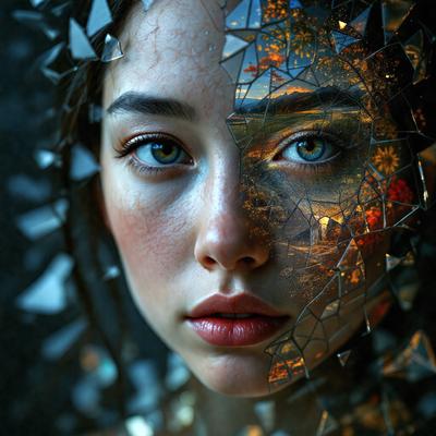 The primary subject of the image is a woman with a unique visual style. She is depicted with a mix of realistic and digital elements, creating a striking and artistic representation. The setting is a combination of a real-life environment and a digital artwork, with the woman's face and the background being digitally manipulated. The colors and mood of the image are predominantly dark, with a focus on the woman's features and the intricate details of the digital artwork.